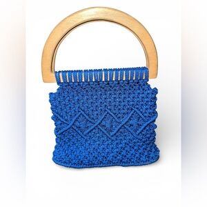Handmade Blue Macrame Handbag with‎ Lining and Wooden Handle Boho